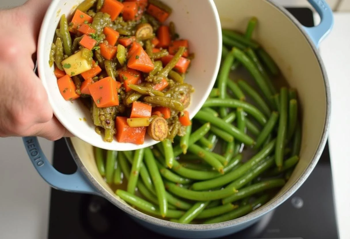 Vegetais refogados sendo adicionados ao pote com feijão verde para sopa nutritiva.
