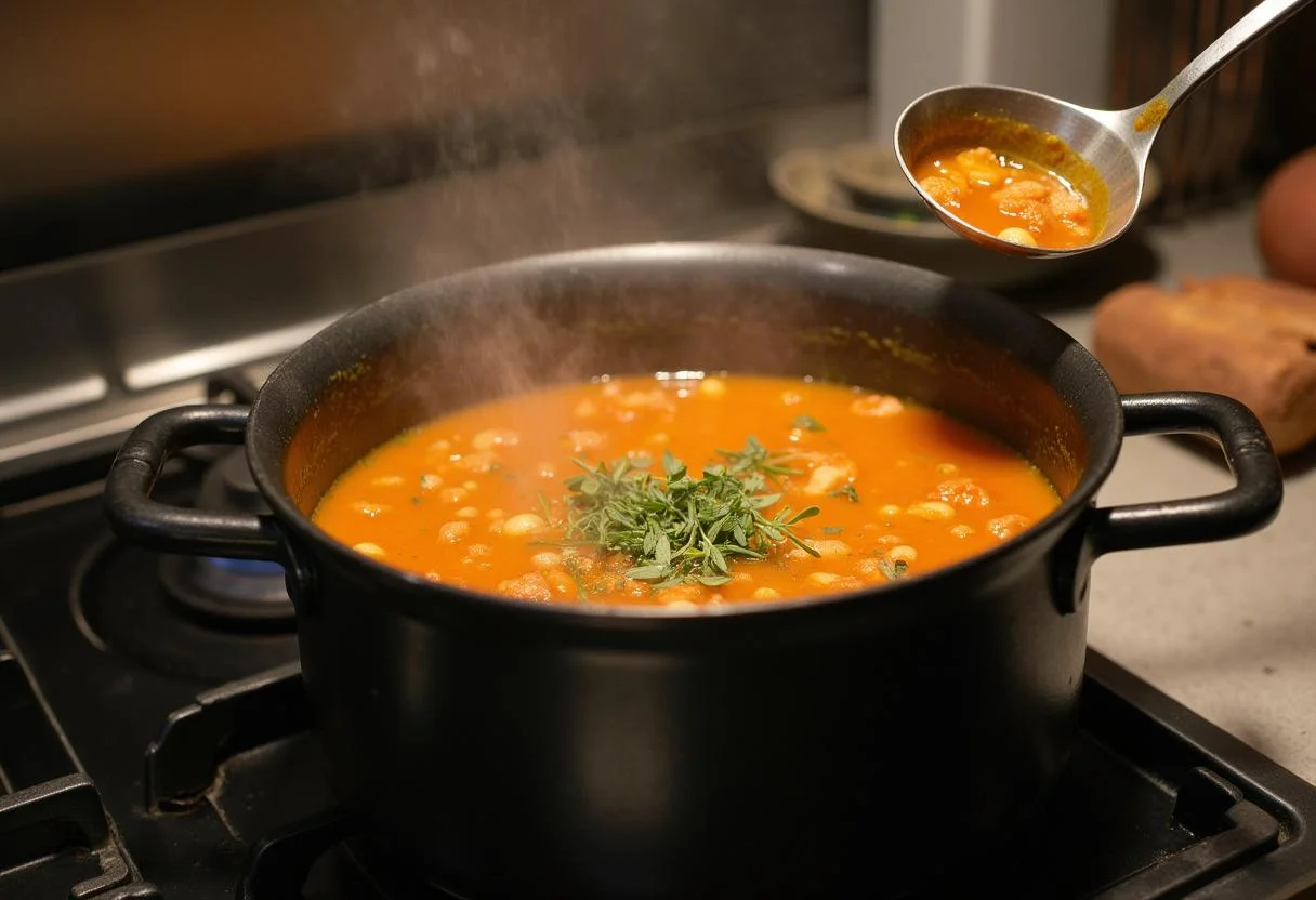 Sopa de feijão verde nutritiva fervendo no fogão, pronta para ser temperada.