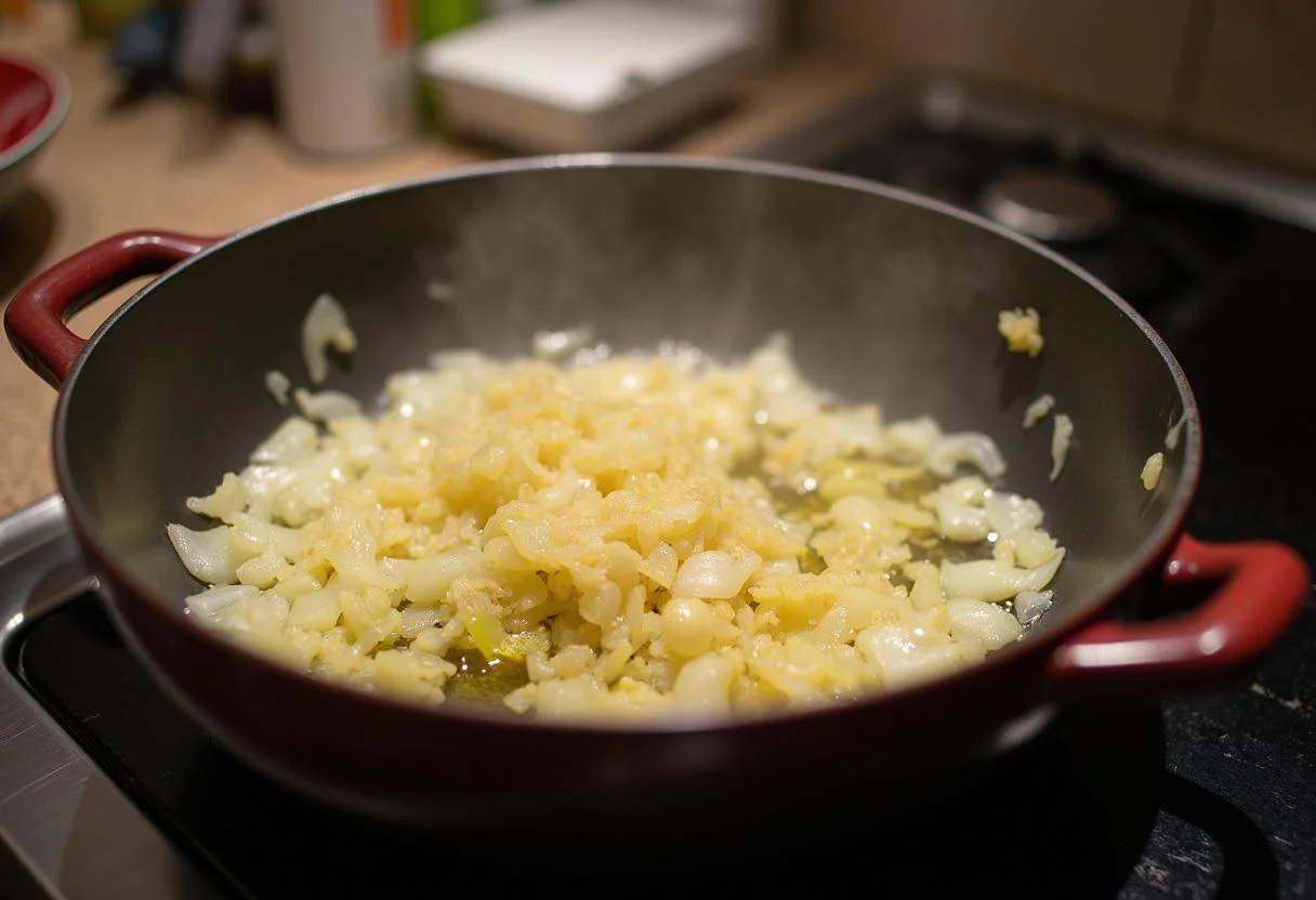 Cebolas e alho sendo refogados para a Sopa de Grão com Couve Nutritiva.