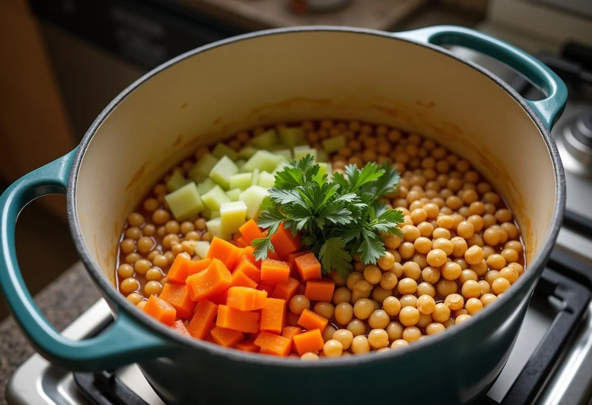 Ingredientes da sopa, incluindo grão-de-bico e vegetais frescos preparados para a Sopa de Grão com Couve Nutritiva.