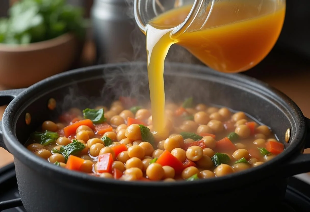Caldo de vegetais sendo adicionado à mistura de grão-de-bico e legumes para a sopa.