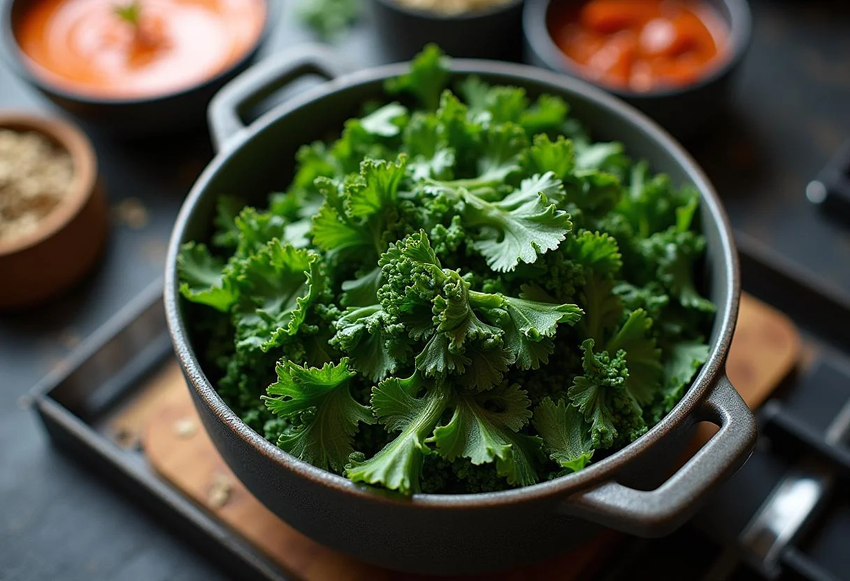 Couve fresca esperando para ser adicionada à Sopa de Grão com Couve Nutritiva.