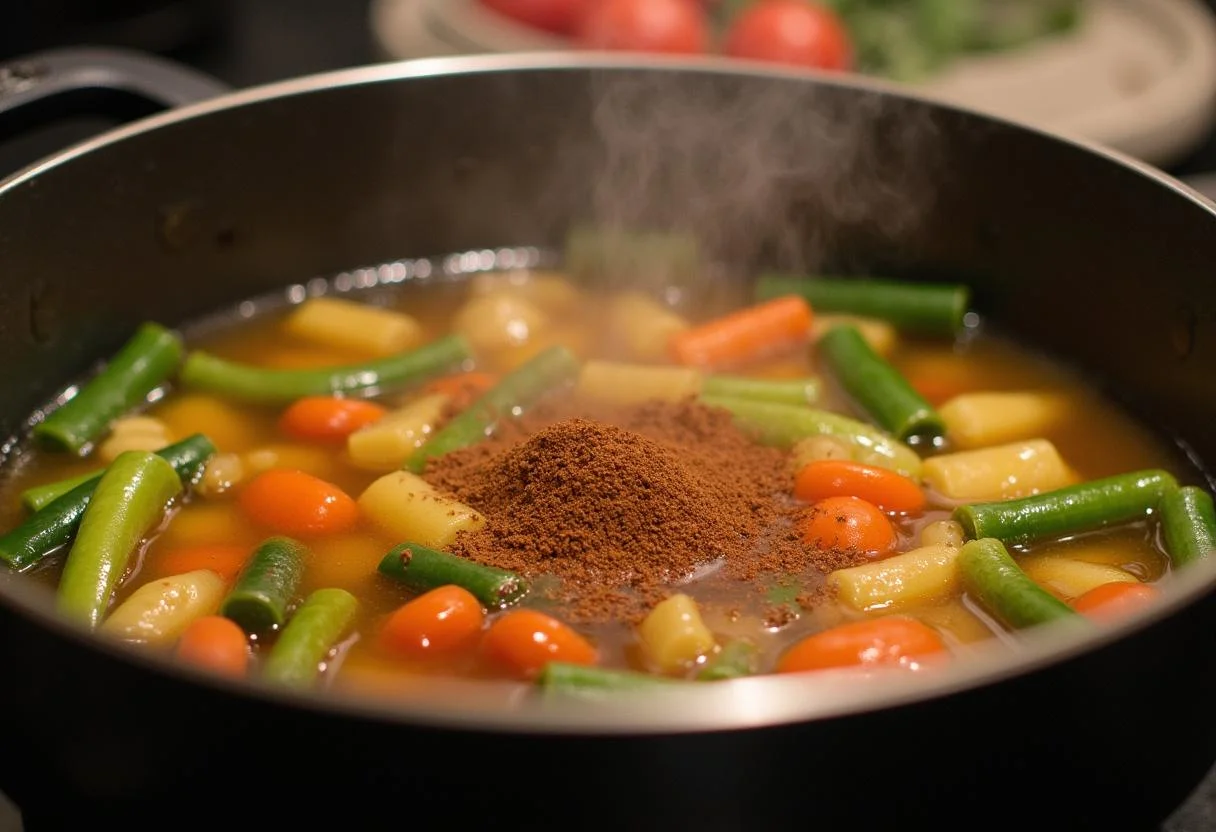 Simmering vegetables and broth for Nutritive Vegetable Soup.