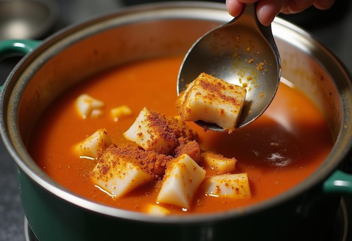 Pedaços de peixe fresco sendo adicionados à sopa aromática com especiarias.