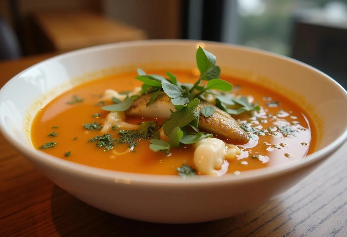 Sopa de Peixe com Massas Aromática apresentada de forma atraente, perfeita para uma refeição reconfortante.