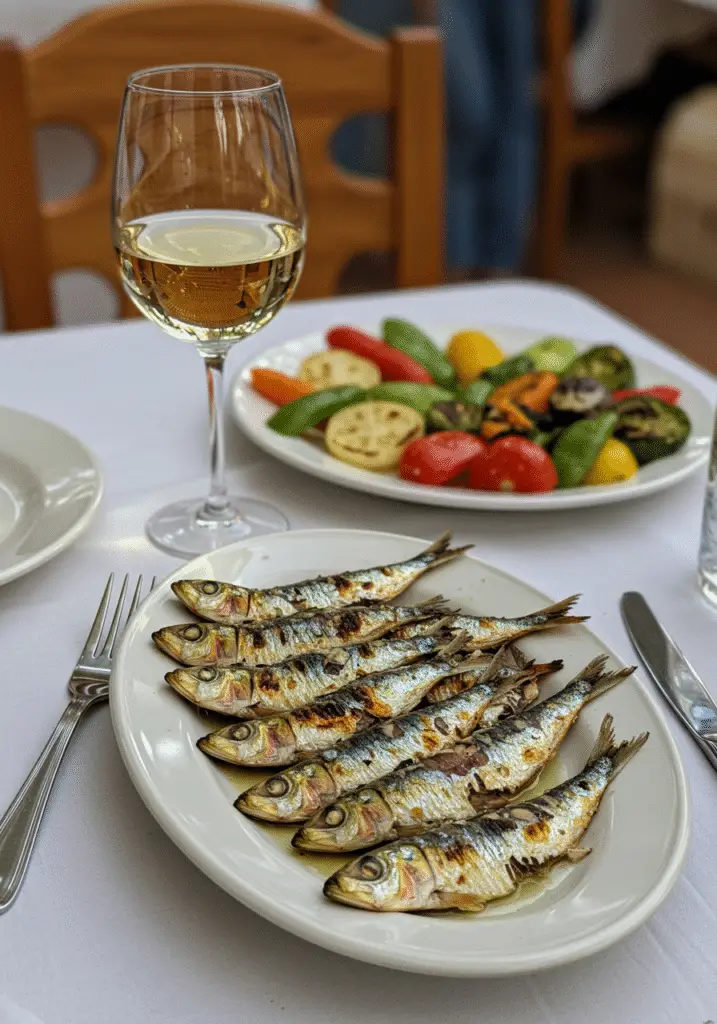 Sardinhas assadas tradicionais servidas com vegetais, destacando um jantar português autêntico.