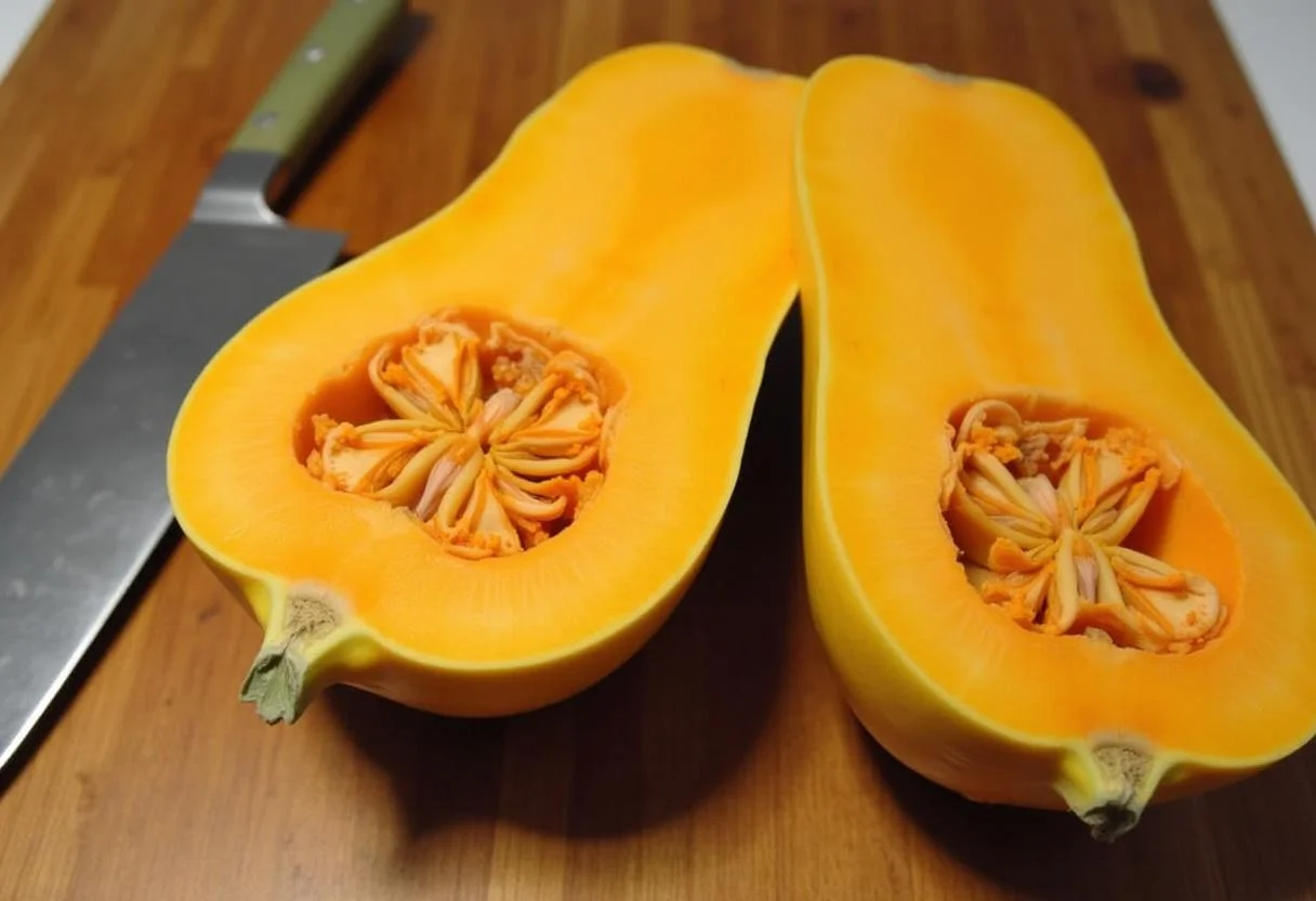 Abóbora cortada ao meio em uma tábua de madeira para preparar abóbora assada com manteiga.