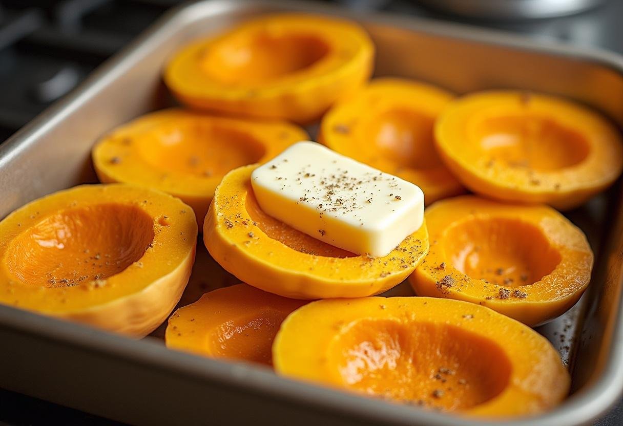 Abóbora temperada com sal e pimenta em um recipiente com manteiga para assar abóbora com manteiga.