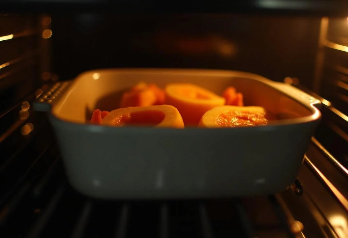 Receita de abóbora assada com manteiga sendo colocada no forno pré-aquecido.