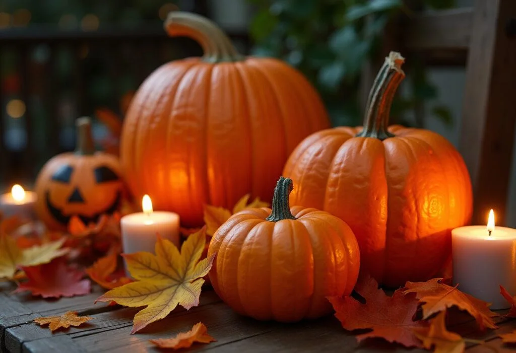 Exibição de abóboras do Halloween decorativas dispostas de forma atraente, perfeita para a temporada de festas.