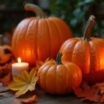 Exibição de abóboras do Halloween decorativas dispostas de forma atraente, perfeita para a temporada de festas.