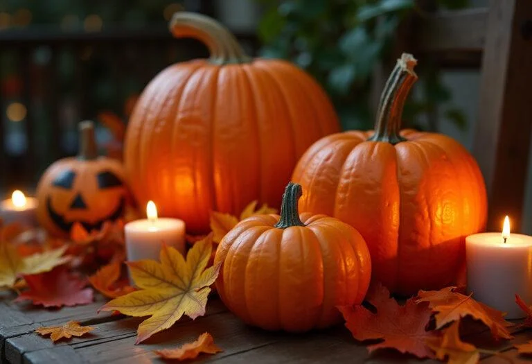 Exibição de abóboras do Halloween decorativas dispostas de forma atraente, perfeita para a temporada de festas.