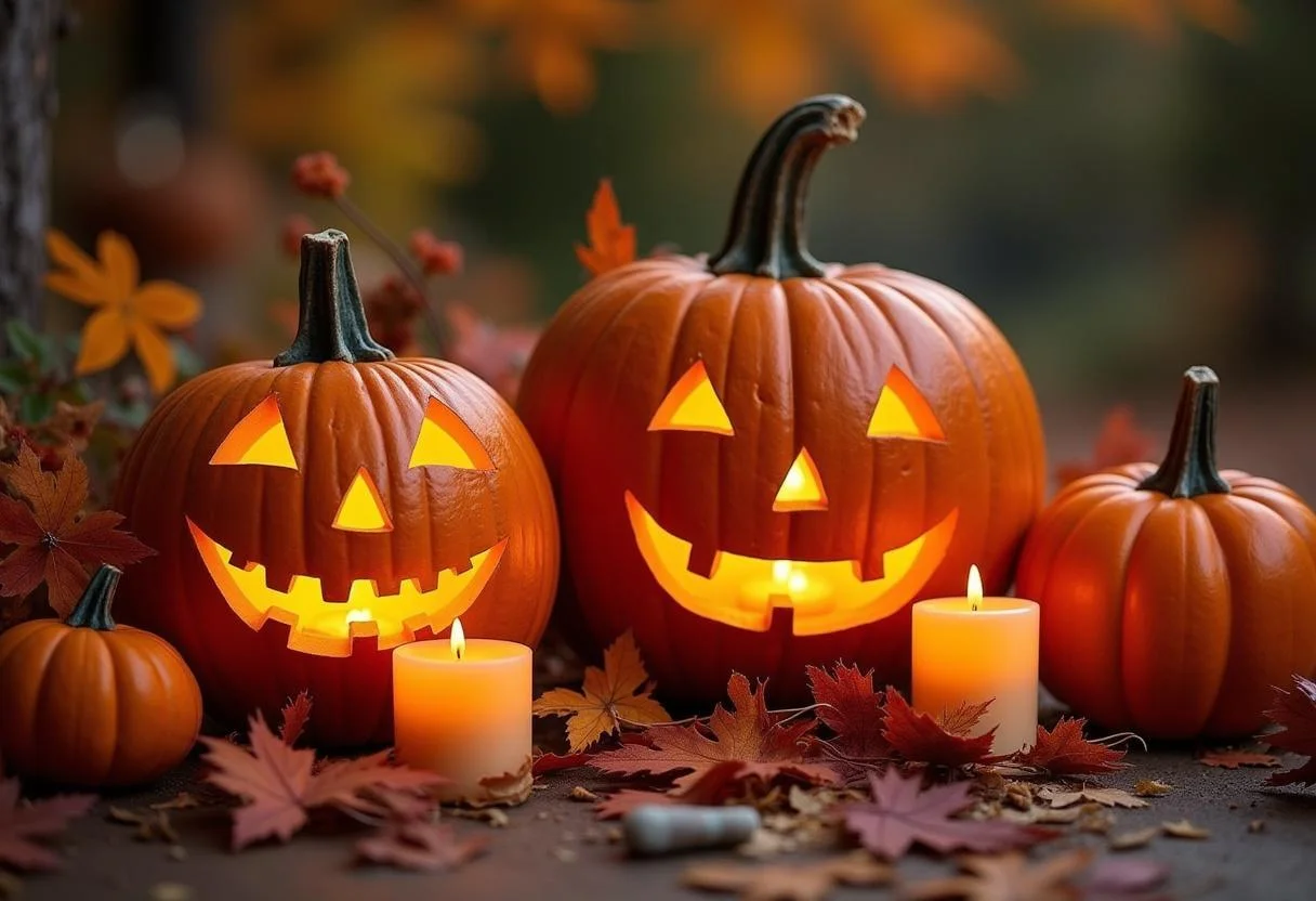 Exibição de abóboras do Halloween decorativas dispostas de forma atraente, perfeita para a temporada de festas.