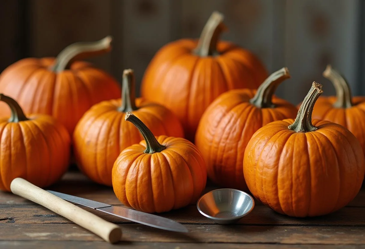 Seleção de abóboras do Halloween com ferramentas de decoração prontas para uso.