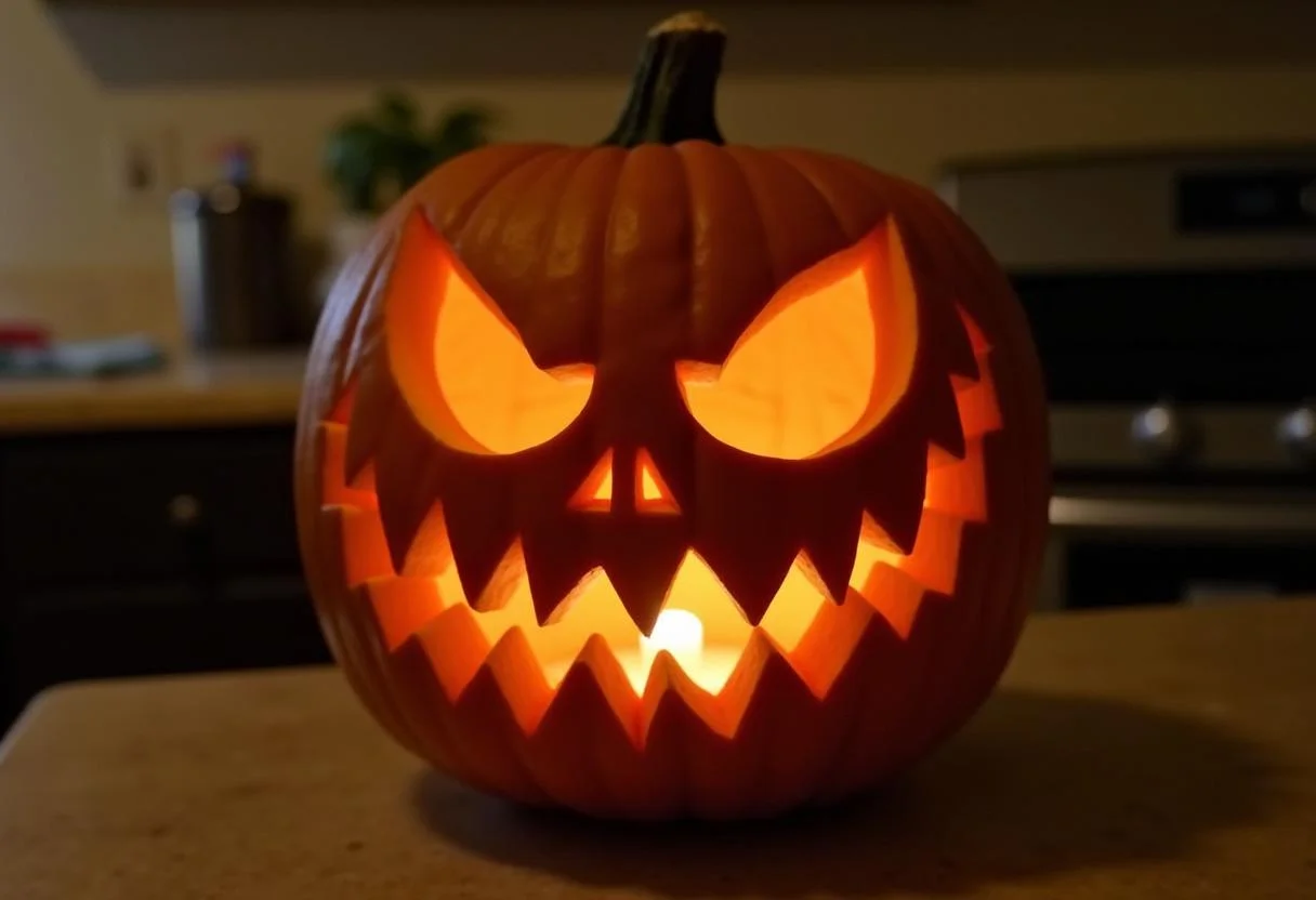 Abóbora do Halloween decorada com um rosto assustador e iluminada por dentro com vela.