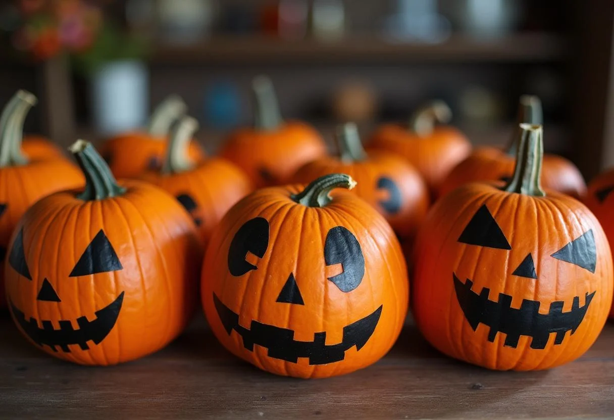 Variadas abóboras do Halloween decoradas em uma mesa, mostrando criatividade e estilo.