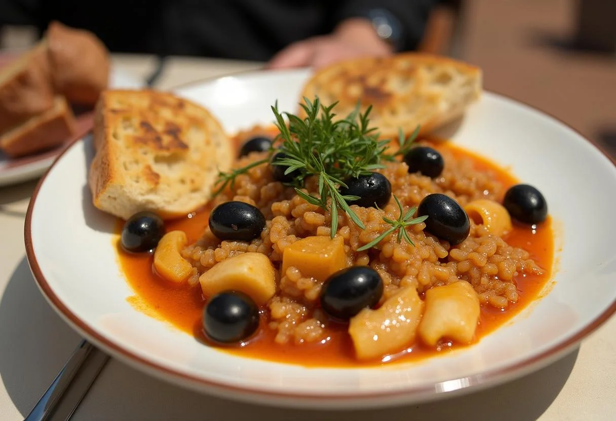 Açorda de bacalhau finalizada, servida com azeitonas e ervas, um prato tradicional português.