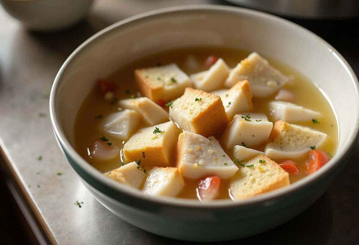 Ingredientes para açorda de bacalhau, incluindo bacalhau, alho e pão embebido.