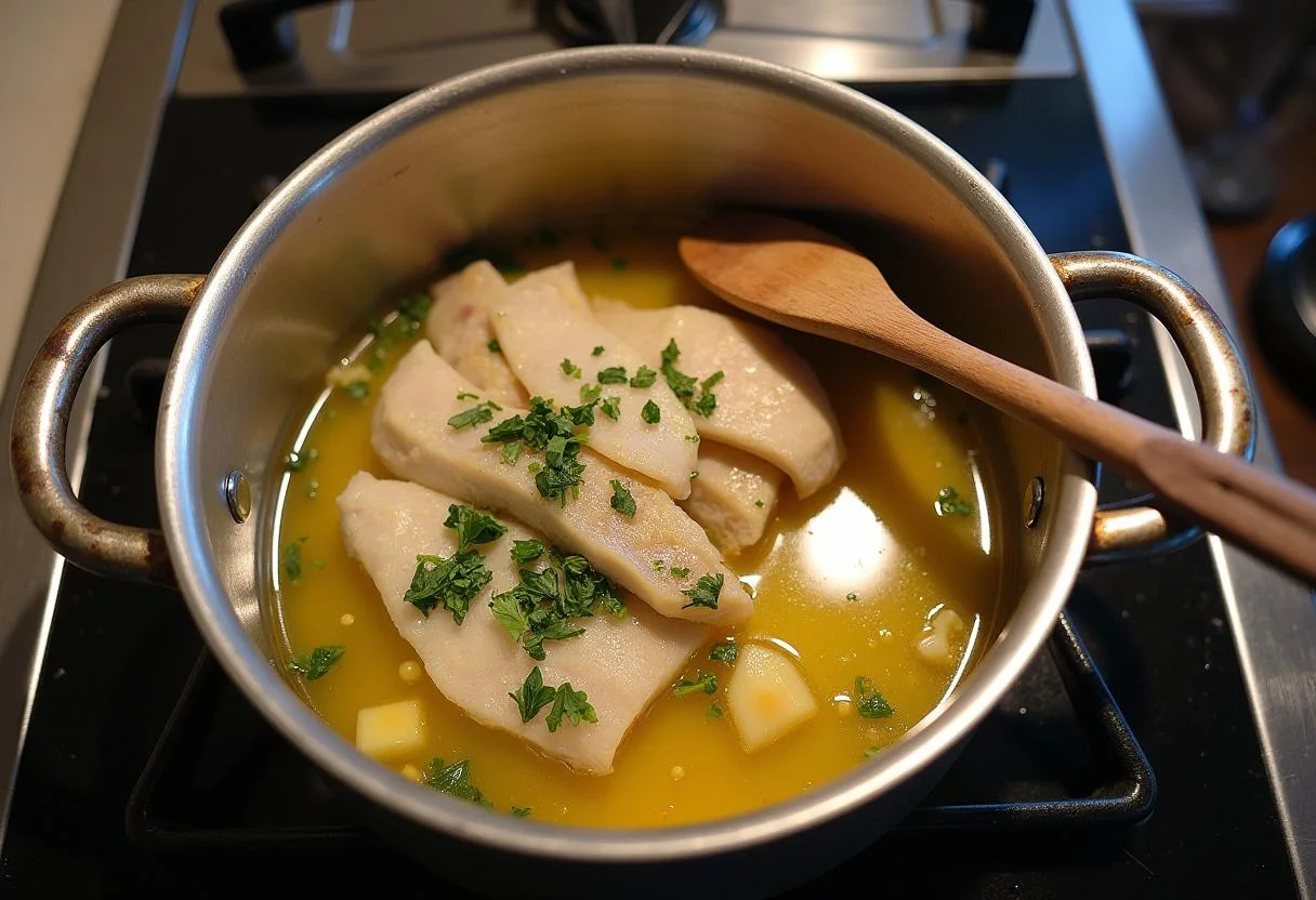 Processo de cozedura da açorda de bacalhau com bacalhau e pão numa panela no fogão.
