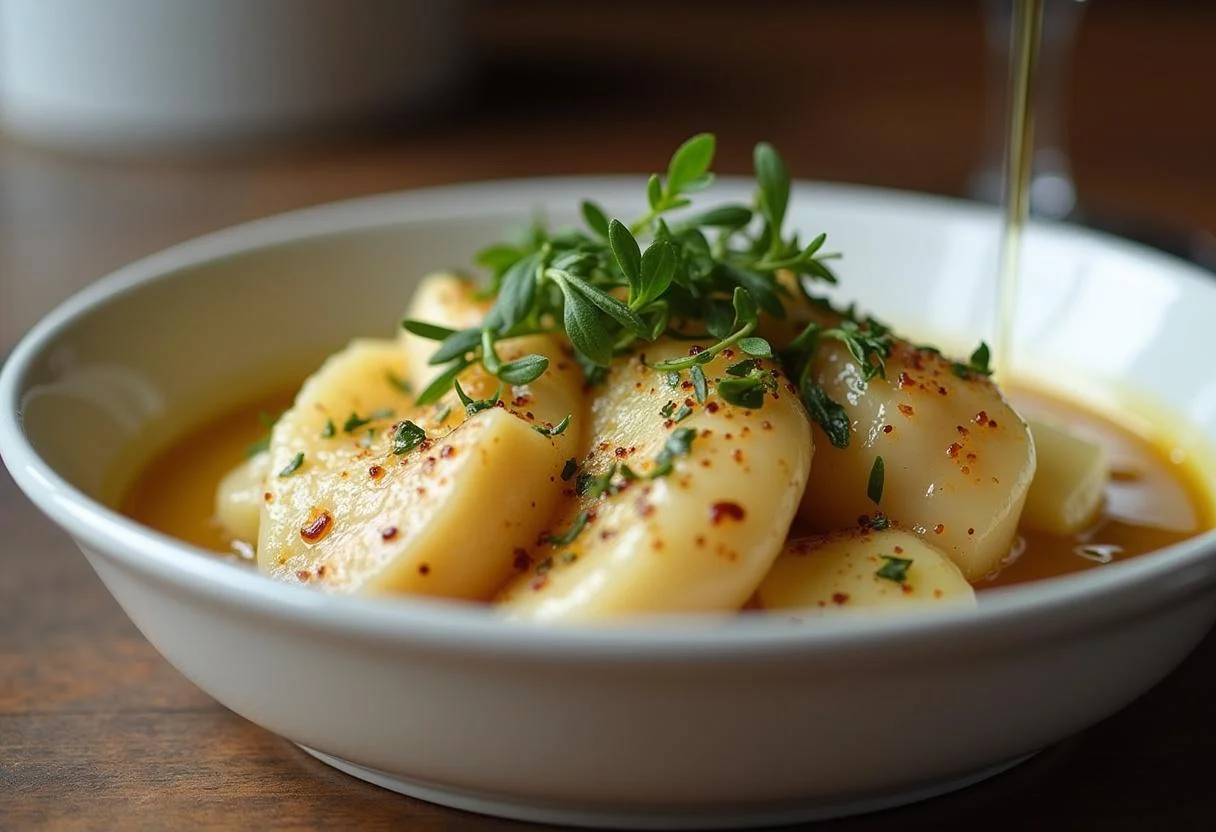 Travessa cheia de deliciosa açorda de bacalhau, guarnecida com ervas e azeite.