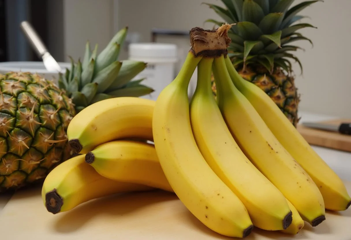 Ananás e bananas frescas prontos para serem preparados na receita de Ananás com Banana Tropical.