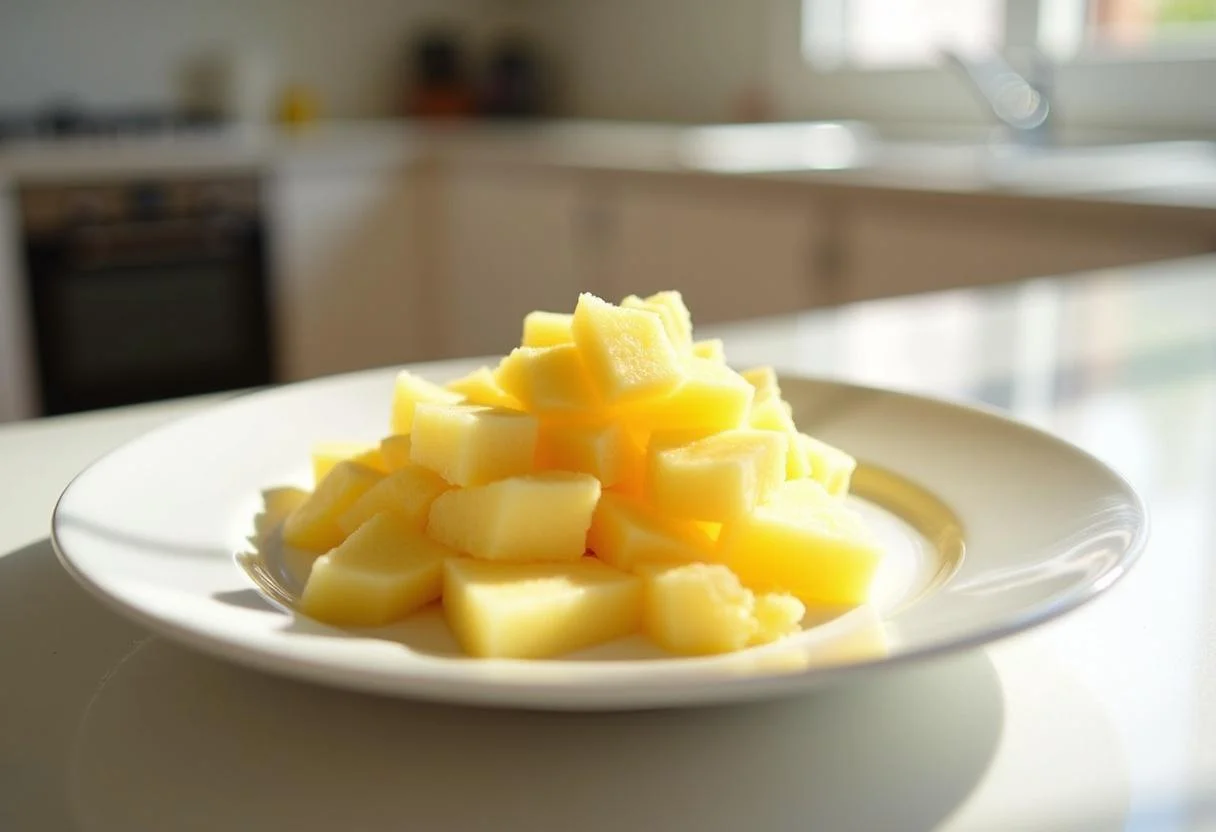 Fatias de ananás dispostas em um prato para a receita de Ananás com Banana Tropical.