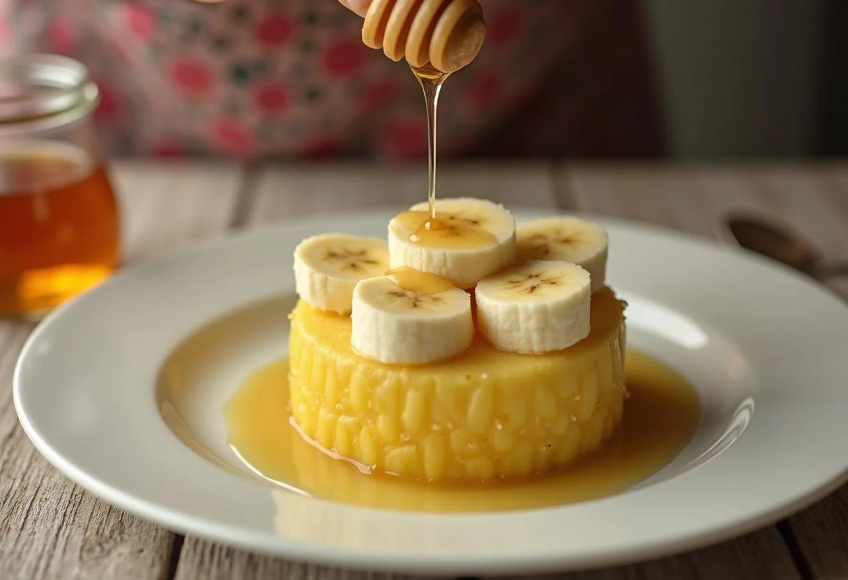 Bananas fatiadas adicionadas ao ananás na preparação do Ananás com Banana Tropical.