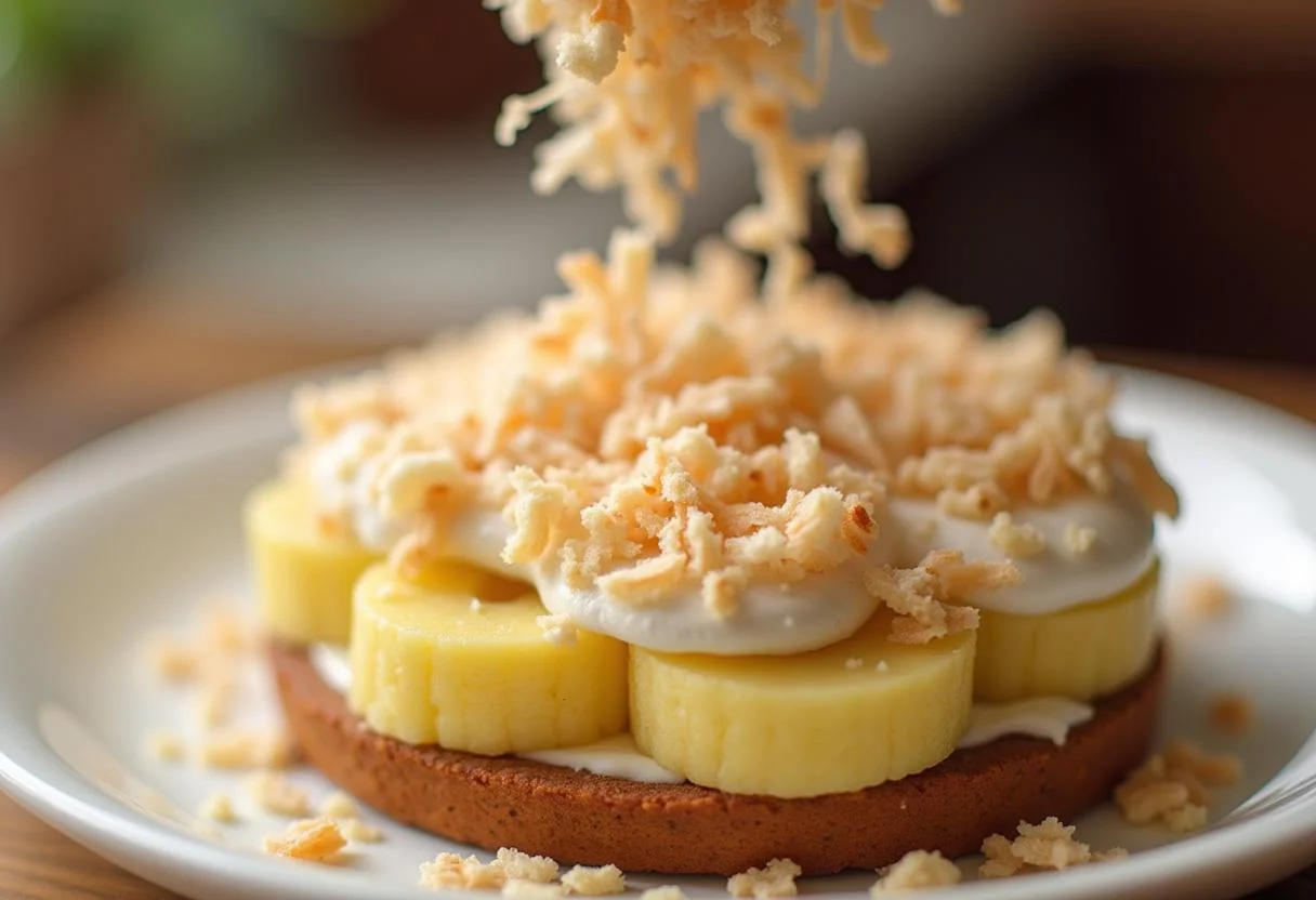 Flocos de coco tostados sendo espalhados sobre o Ananás com Banana Tropical antes de servir.