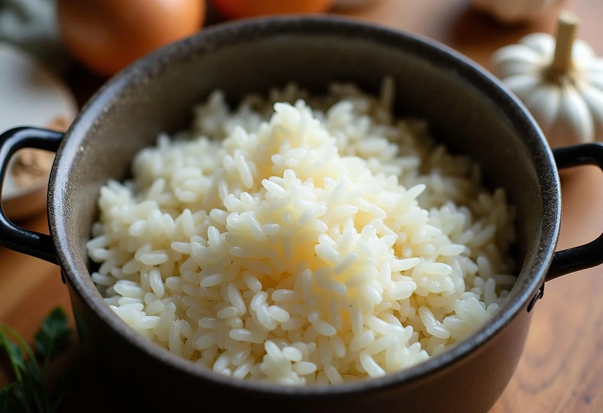 Preparando arroz carolino com ingredientes frescos como alho e cebola.
