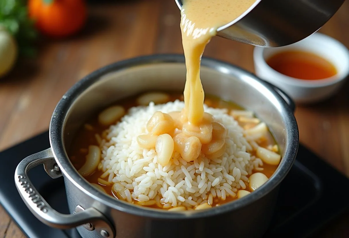 Adicionando arroz carolino à mistura de alho e cebola para um prato tradicional.
