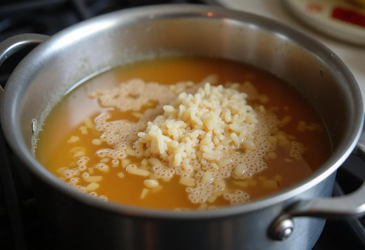 Arroz carolino sendo cozido no fogão, com caldo borbulhando.