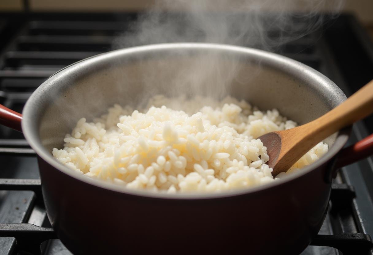 Preparando a receita de arroz doce à moda antiga com arroz e água em uma panela.