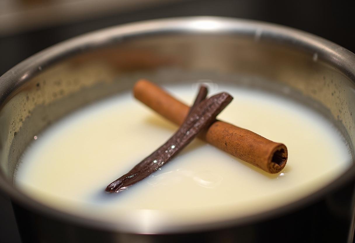Aquecendo leite com baunilha e canela para a receita de arroz doce à moda antiga.