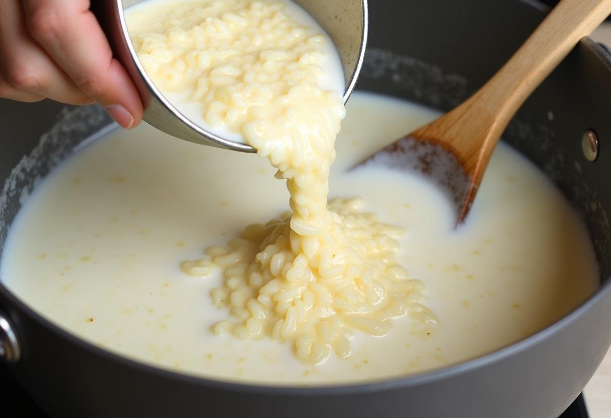 Misturando arroz cozido com leite para preparar a receita de arroz doce à moda antiga.