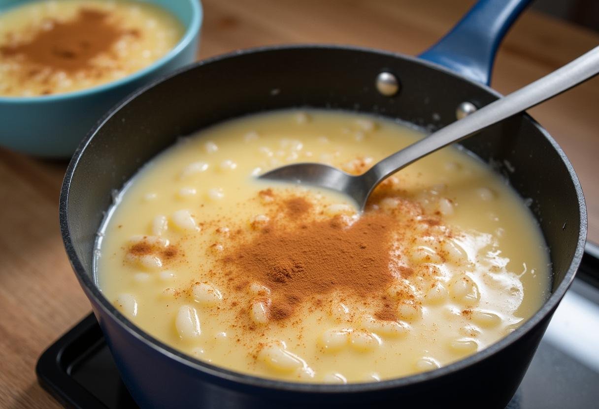 Mistura de arroz doce à moda antiga em uma panela, pronta para servir.