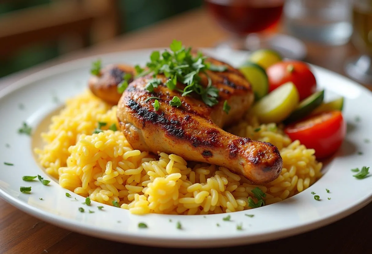 Gourmet Arroz Preto elegantemente servido com frango grelhado e vegetais, perfeito para ocasiões especiais.
