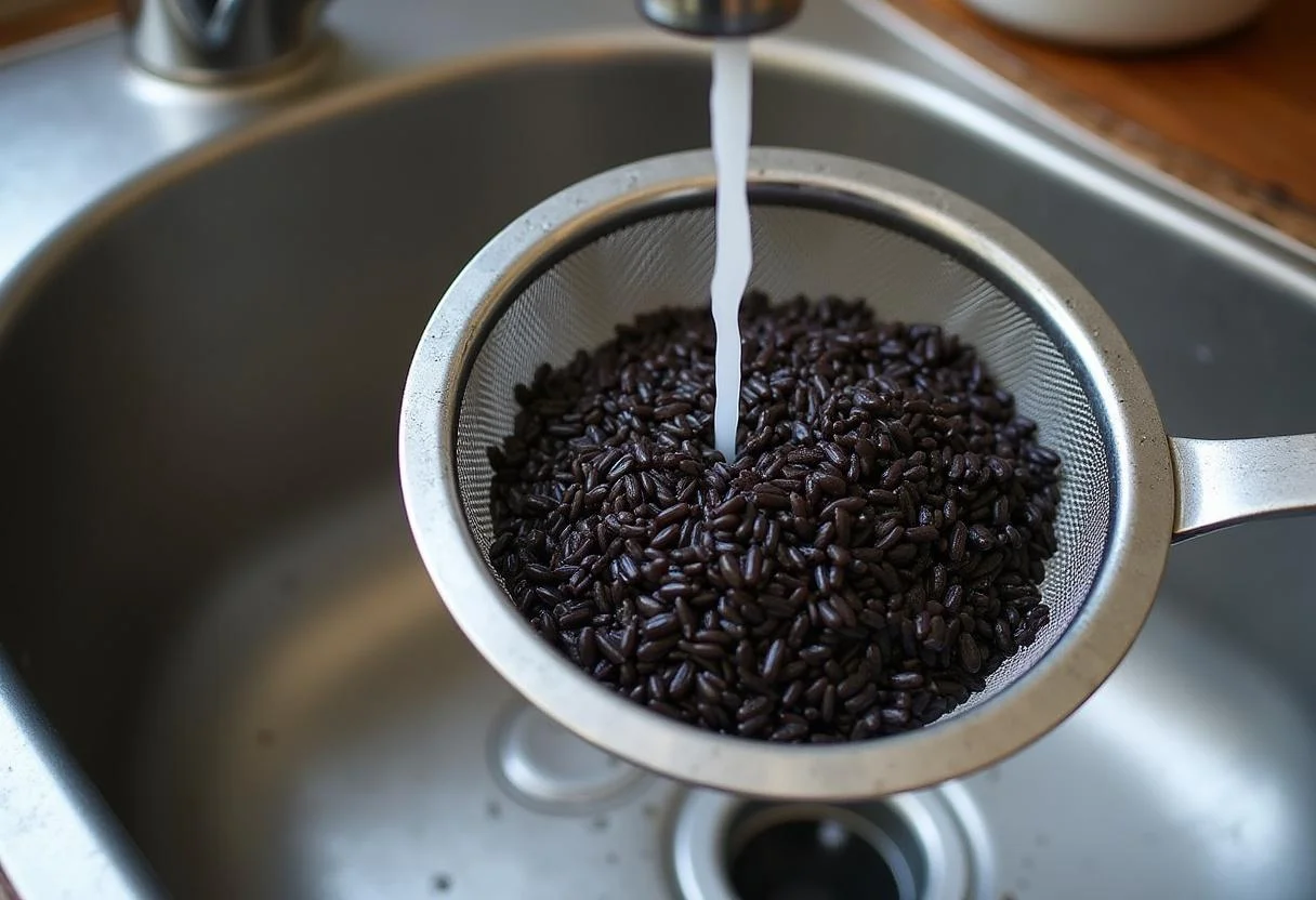 Lavando arroz preto para a preparação de Arroz Preto na cozinha.