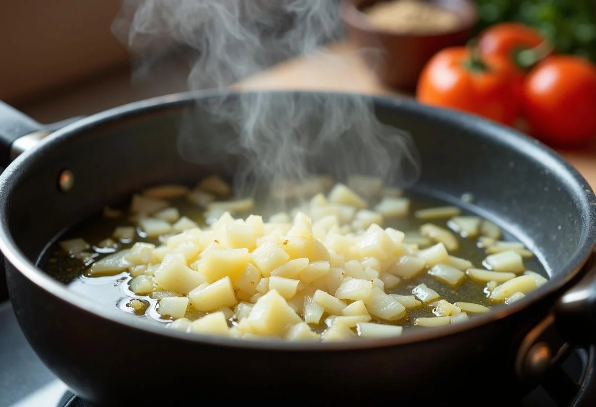 Refogando cebola e alho para a receita gourmet de Arroz Preto no fogão.