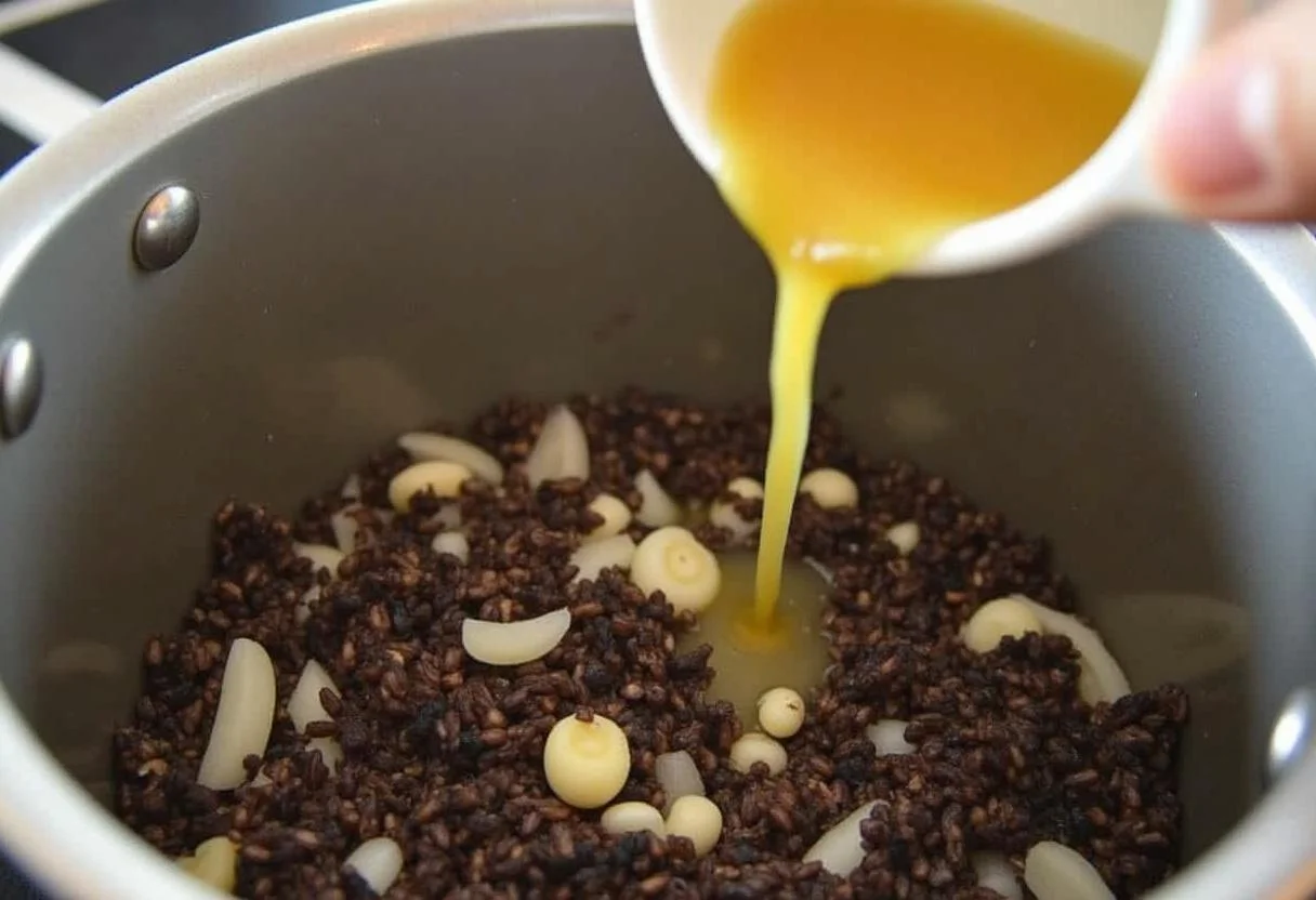 Adicionando arroz preto cozido e caldo de galinha aos ingredientes refogados para Arroz Preto.