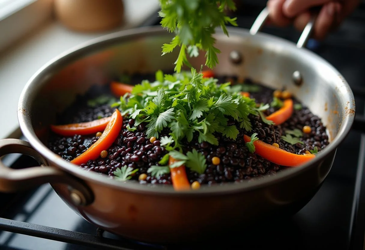 Cozinhando arroz preto em lume brando com ervas e vegetais para um prato gourmet de Arroz Preto.