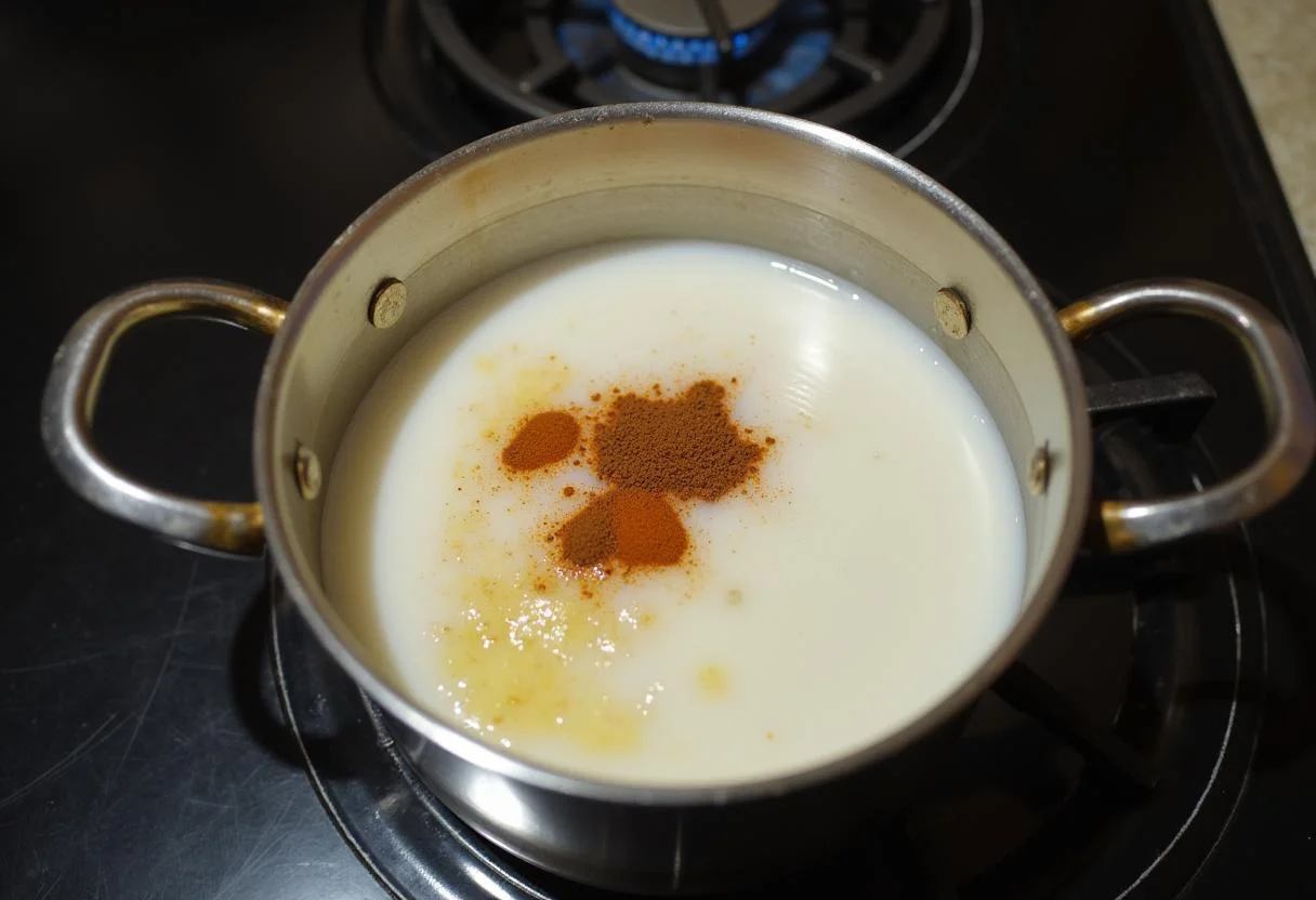 Cozinhando leite de coco e especiarias para o Arroz Tailandês Saboroso.