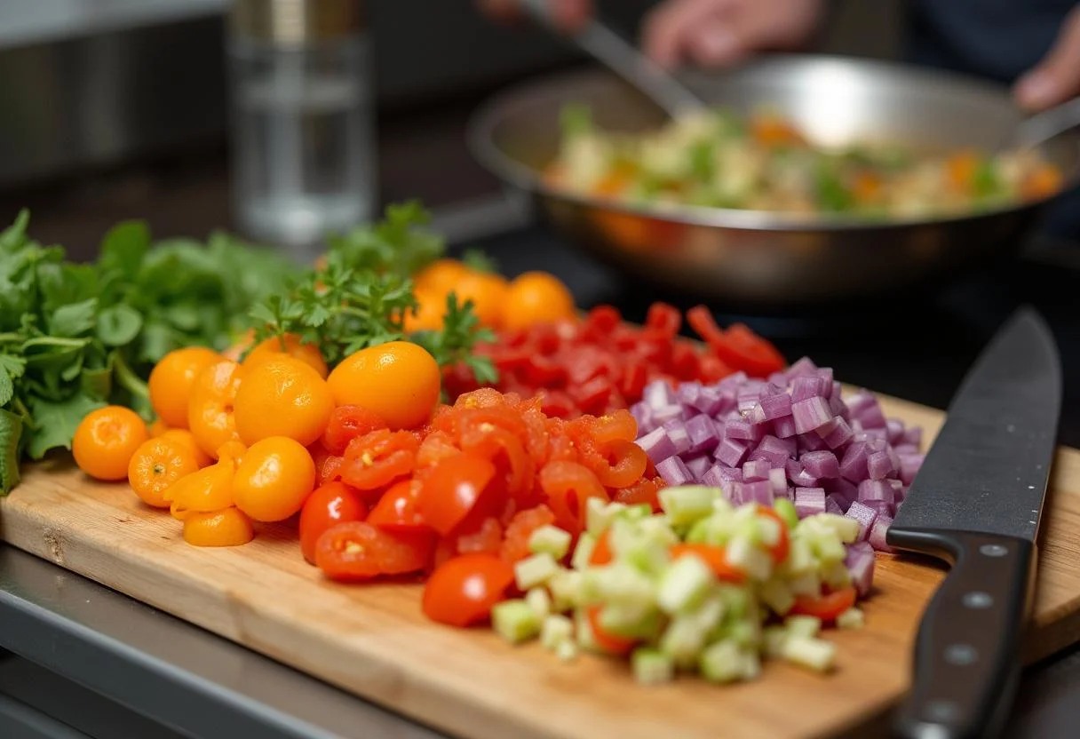Legumes frescos sendo picados para adicionar ao Arroz Tailandês Saboroso.