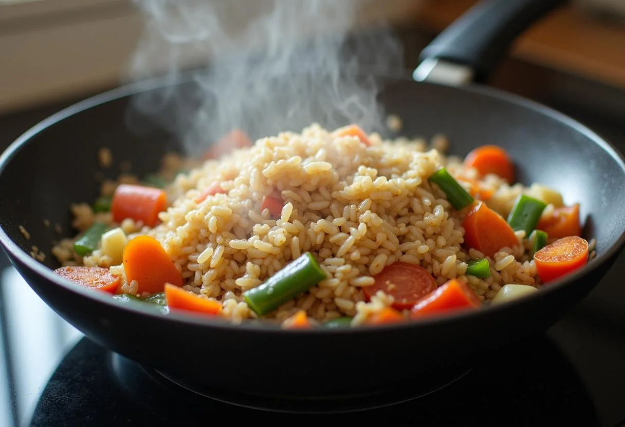 Mistura de arroz thai com legumes refogados na frigideira para o Arroz Tailandês Saboroso.