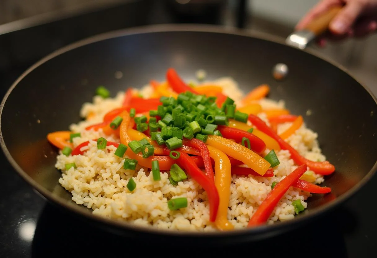 Ingredientes para arroz xau xau em uma wok, mostrando arroz e vegetais para uma refeição deliciosa.