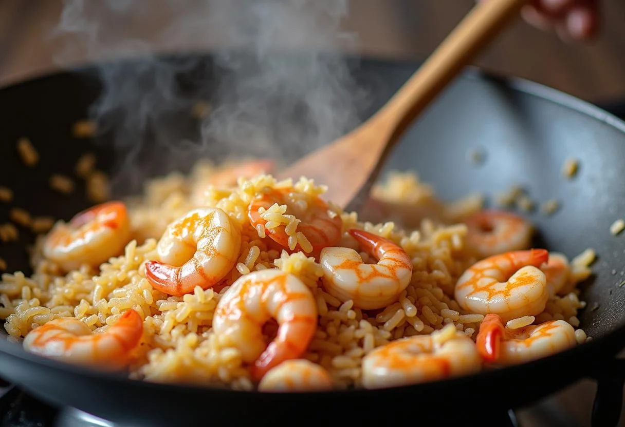 Mexendo camarão e vegetais na wok para o preparo delicioso do arroz xau xau.