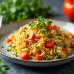 Finished low-calorie rice with vegetables ready to be enjoyed for a healthy meal.