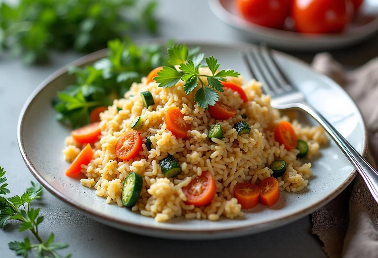 Finished low-calorie rice with vegetables ready to be enjoyed for a healthy meal.
