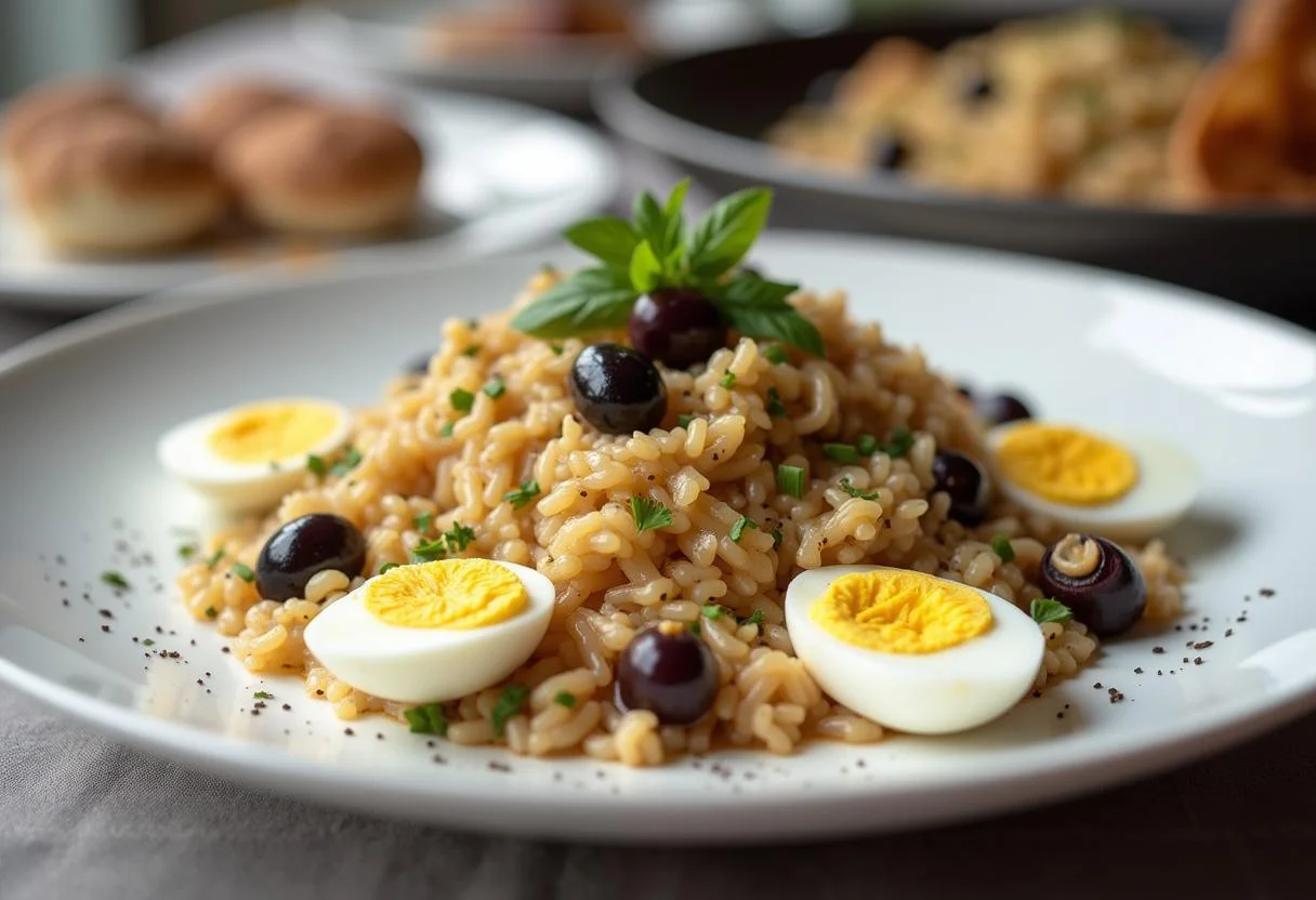 Arroz de Bacalhau gourmet servido com azeitonas e ovos cozidos, perfeito para uma refeição especial.