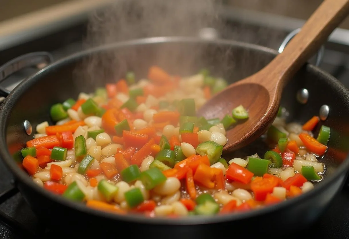 Refogando cebolas e pimentões para o Arroz de Bacalhau gourmet.