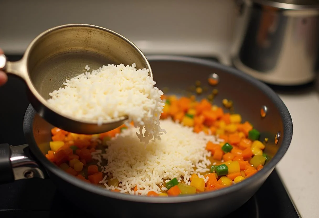 Adicionando arroz à mistura de vegetais para o Arroz de Bacalhau gourmet.